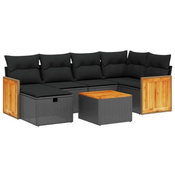 Set canapele de grădină cu perne, 7 piese, negru, poliratan - Img 2
