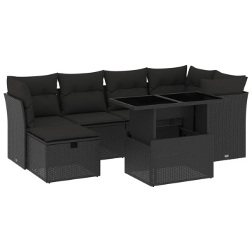Set canapele de grădină cu perne, 7 piese, negru, poliratan - Img 2