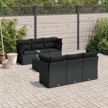 Set canapele de grădină cu perne, 7 piese, negru, poliratan - Img 1