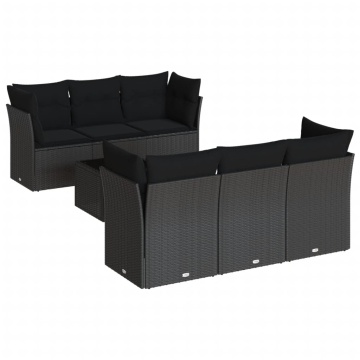 Set canapele de grădină cu perne, 7 piese, negru, poliratan - Img 2