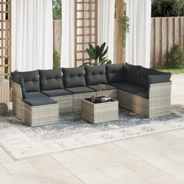Set canapele de grădină cu perne, 9 piese gri deschis poliratan - Img 1