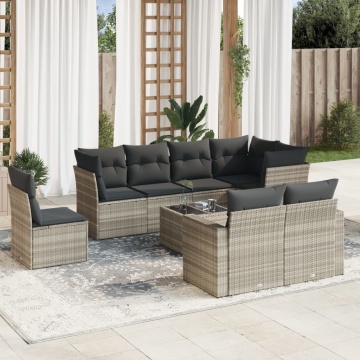 Set canapele de grădină cu perne, 9 piese gri deschis poliratan - Img 1