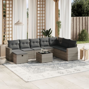 Set canapele de grădină cu perne, 9 piese gri deschis poliratan - Img 1