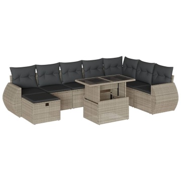Set canapele de grădină cu perne, 9 piese gri deschis poliratan - Img 2