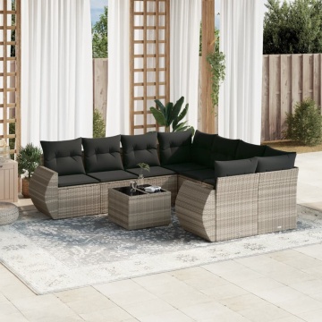 Set canapele de grădină cu perne, 9 piese gri deschis poliratan - Img 1