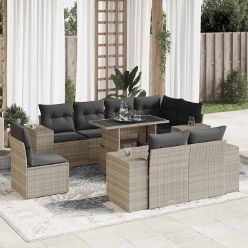Set canapele de grădină cu perne, 9 piese gri deschis poliratan - Img 1