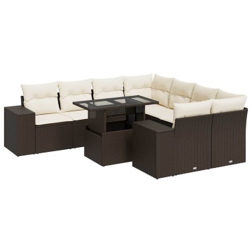 Set canapele de grădină cu perne, 9 piese, maro, poliratan - Img 2