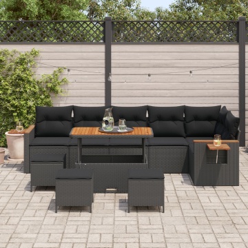 Set Canapele Grădină 9 Piese cu Perne Rattan Poli Negru Acacia, Set Mese Grădină 3 Piese cu Perne Rattan Poli Negru Acacia - Img 3