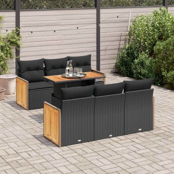 Set canapele grădină perne 7 piese negru, poliratan/lemn acacia - Img 1