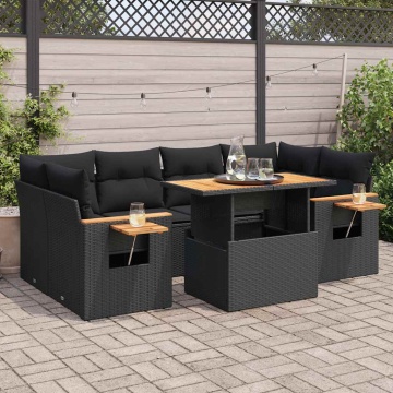 Set canapele grădină perne 7 piese negru, poliratan/lemn acacia - Img 1