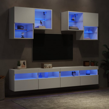 Set comode TV de perete, 6 piese, cu lumini LED, alb - Img 4
