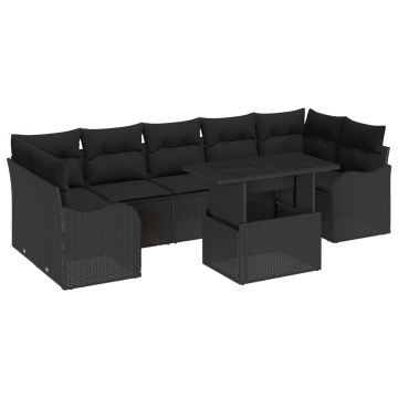 Set de 8 Piese de Sofa de Grădină cu Perne Negru Poliratan, Sofa de Grădină cu 2 Locuri cu Perne Negru Poliratan - Img 2