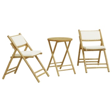 Set de bistro pliabil, 3 piese, cu perne alb crem, bambus - Img 2