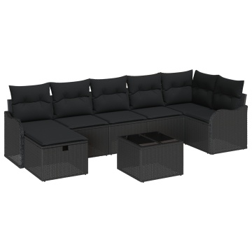 Set de canapea de grădină 8 piese cu perne Negru Ratan sintetic, Canapea de grădină cu 2 locuri cu perne Negru Ratan sintetic - Img 2