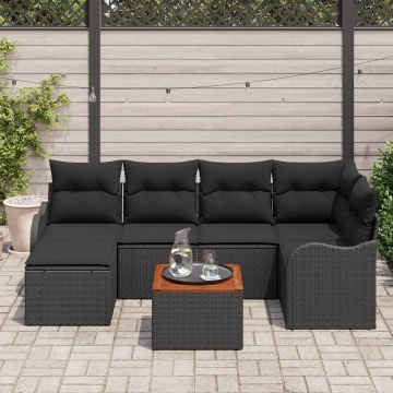 Set de canapea de grădină cu 7 piese, cu perne, poly rattan negru, acacia, Canapea de grădină cu două locuri cu depozitare și perne, negru, poly rattan - Img 3