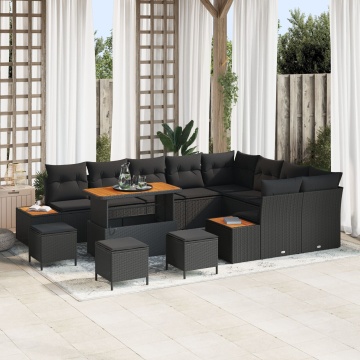 Set de canapea de grădină de 13 piese cu perne din ratan negru, Set de dining de grădină de 4 piese cu perne din ratan negru - Img 1
