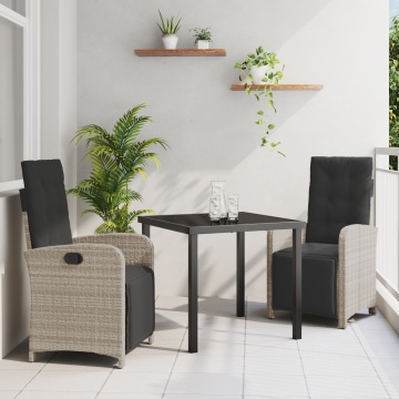 Set de dining grădină 3 piese perne gri deschis ratan poliester, Masă de grădină neagră 80x80x73 cm din sticlă securizată - Img 1