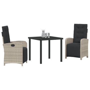 Set de dining grădină 3 piese perne gri deschis ratan poliester, Masă de grădină neagră 80x80x73 cm din sticlă securizată - Img 3