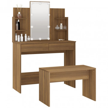Set de masă de toaletă cu LED, stejar maro, lemn prelucrat - Img 8