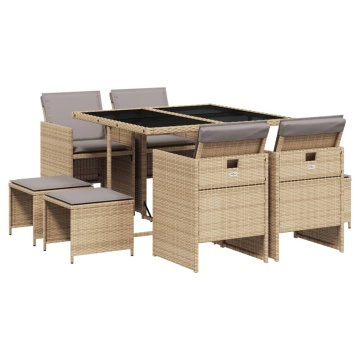 Set de masă pentru grădină, 9 piese, cu perne, bej, poliratan - Img 2