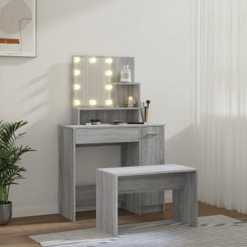 Set de măsuță de toaletă cu LED, sonoma gri, lemn prelucrat - Img 3