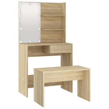 Set de măsuță de toaletă cu LED, stejar sonoma, lemn prelucrat - Img 5