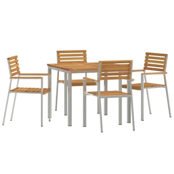 Set de mese pentru grădină cu 5 piese din lemn masiv de acacia, Masă de mese în aer liber 90x90x74.5 cm din lemn masiv de acacia, Scaune de grădină stivuibile 4 buc din lemn masiv de acacia și oțel - Img 2