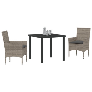 Set de mese pentru grădină cu perne din ratan sintetic gri în 3 piese, Masă de grădină Neagră 80x80x73 cm din sticlă securizată - Img 3