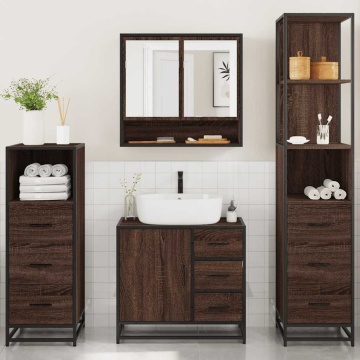 Set de mobilier de baie din 4 piese din lemn de stejar maro - Img 3