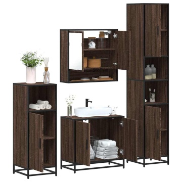 Set de mobilier de baie din 4 piese din lemn de stejar maro - Img 1