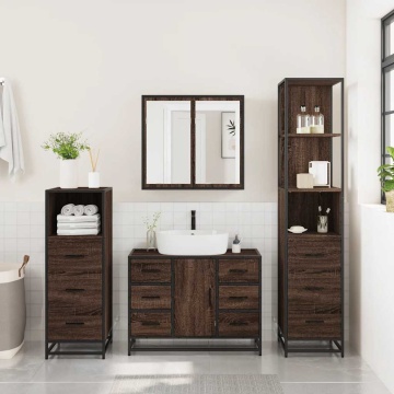 Set de mobilier de baie din 4 piese din lemn de stejar maro - Img 3