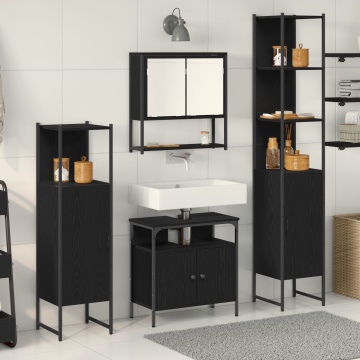 Set de mobilier pentru baie 4 piese din lemn ingineresc stejar negru - Img 1