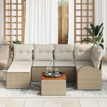 Set de Sofa pentru Grădină cu 7 Piese și Perne Bej Ratan Polimeric Acacia, Sofa de Grădină pentru 2 Persoane cu Spațiu de Depozitare și Perne Bej Ratan Polimeric - Img 3