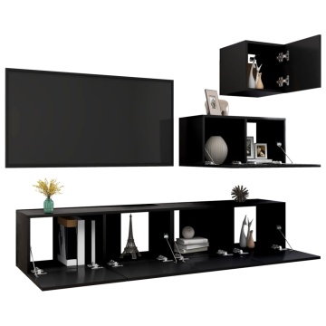 Set dulapuri TV, 4 piese, negru, lemn prelucrat - Img 3