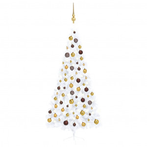 Set jumătate brad Crăciun artificial LEDuri&globuri, alb 210 cm - Img 1