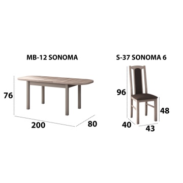 Set masa extensibila 160x200cm cu 6 scaune tapitate, mb-12 venus1 si s-37 boss7 s6, sonoma, lemn masiv de fag, stofa - Img 5