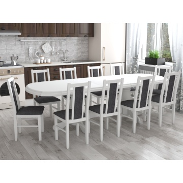 Set masa extensibila jork 200x250 cm, lemn masiv alb, cu 10 scaune tapitate stofa gri, s-38 B24B - Img 1