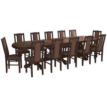 Set masa extensibila jork 250-300x100 cm, lemn masiv nuc, cu 12 scaune tapitate stofa maro, s-37 O15 - Img 5