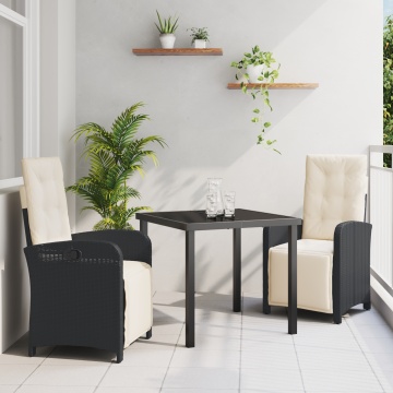 Set masă grădină 3 piese cu perne, Negru, Ratan Polimer, Masă grădină Neagră 80x80x73 cm, Sticlă temperată - Img 1