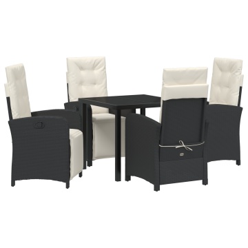 Set Masă Grădină cu 5 Piese și Perne Ratan Poli Negru, Masă Grădină Neagră 80x80x73 cm cu Sticlă Temperată - Img 2