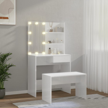 Set măsuță de toaletă cu LED, alb extralucios, lemn prelucrat - Img 3