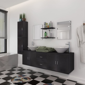 Set mobilier baie format din 9 piese cu chiuvete incluse, Negru - Img 1