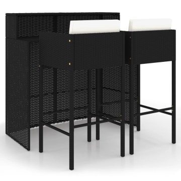 Set mobilier bar de grădină cu perne, 3 piese, negru, poliratan - Img 2