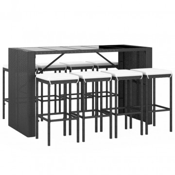 Set mobilier bar de grădină cu perne, 9 piese, negru, poliratan - Img 3