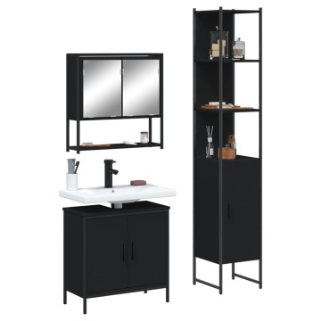 Set mobilier de baie, 3 piese, negru, lemn compozit - Img 1