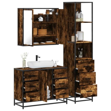 Set mobilier de baie, 3 piese, stejar fumuriu, lemn prelucrat - Img 1