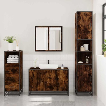 Set mobilier de baie, 3 piese, stejar fumuriu, lemn prelucrat - Img 3