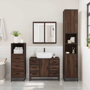 Set mobilier de baie, 3 piese, stejar maro, lemn prelucrat - Img 3