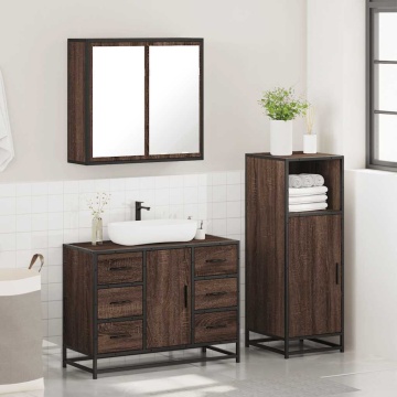 Set mobilier de baie, 3 piese, stejar maro, lemn prelucrat - Img 4