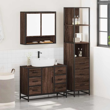 Set mobilier de baie, 3 piese, stejar maro, lemn prelucrat - Img 3